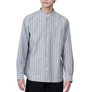 Muji M Washed Oxford Button Down Long Sleeve Shirt Banded Collar Blue